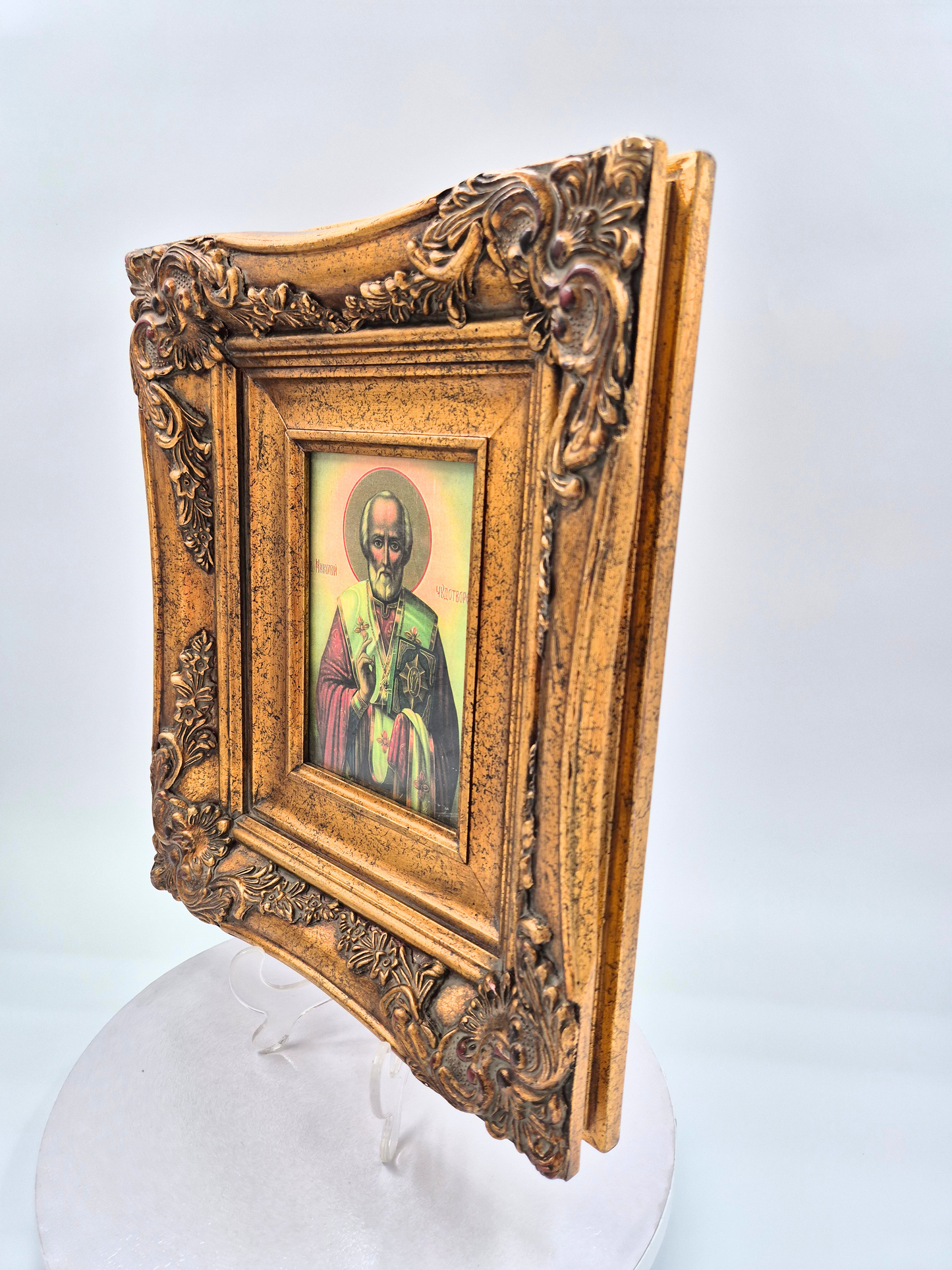 Antique Orthodox Icon – Saint Nicholas – Ornate Gilt Frame – 20th Century – 35.5 x 36 cm