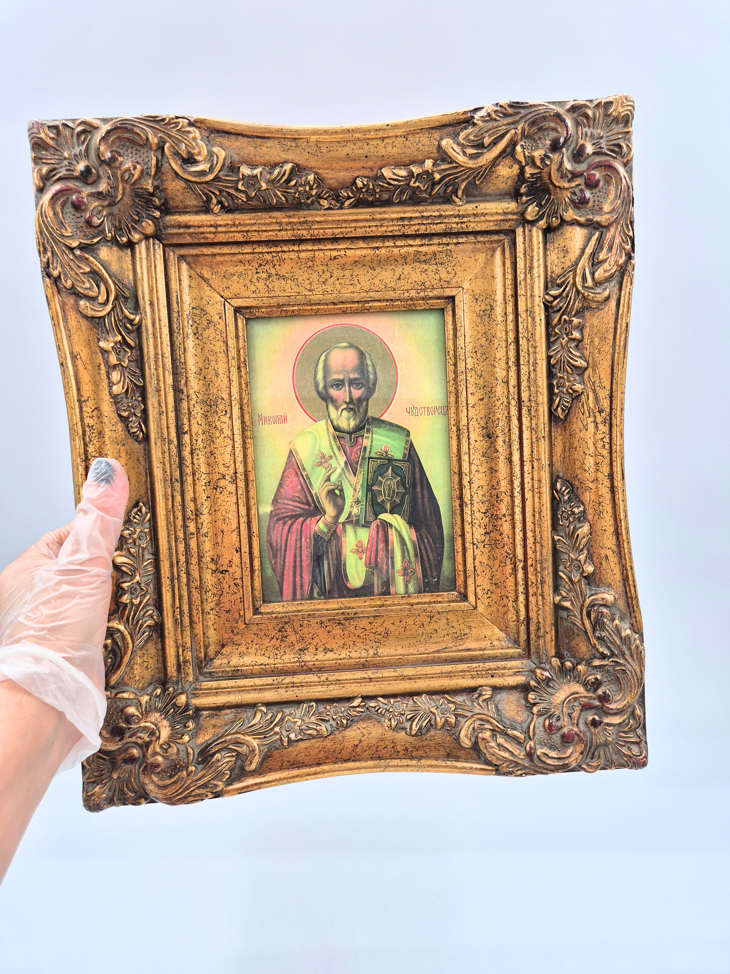 Antique Orthodox Icon – Saint Nicholas – Ornate Gilt Frame – 20th Century – 35.5 x 36 cm