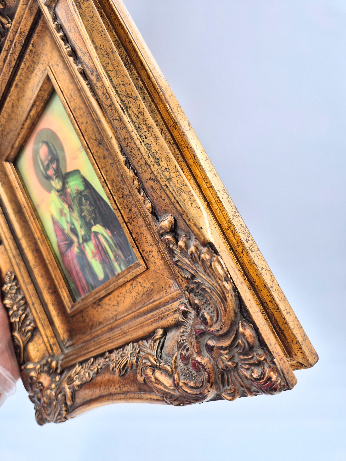 Antique Orthodox Icon – Saint Nicholas – Ornate Gilt Frame – 20th Century – 35.5 x 36 cm