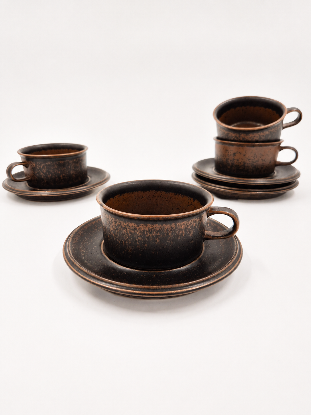 Set of 4 Arabia Ruska Tea Cup – Vintage Finnish Stoneware Cups and Saucers – Mid Century Nordic Brown Pottery