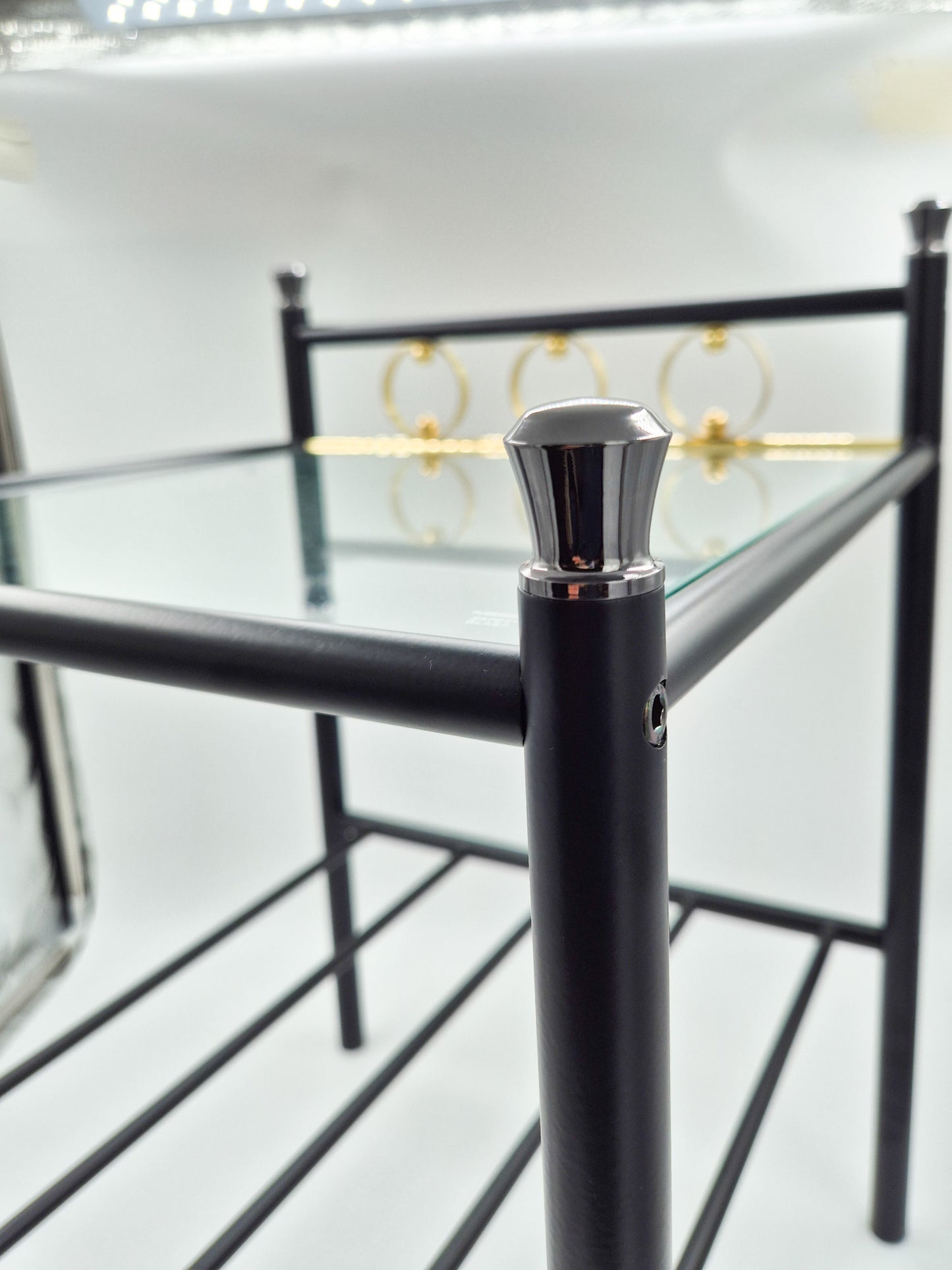 Vintage Finnish Side Tables (Pair) – Black Metal, Glass & Brass