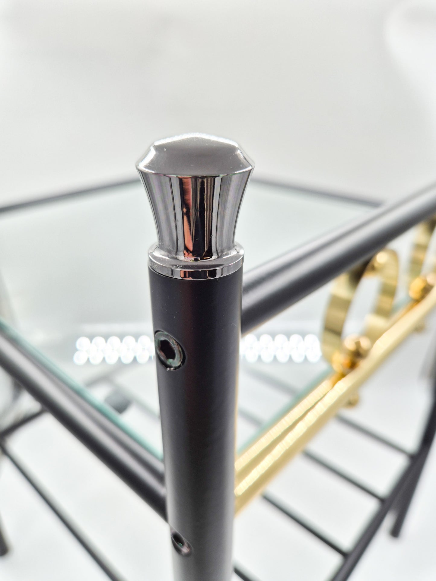 Vintage Finnish Side Tables (Pair) – Black Metal, Glass & Brass