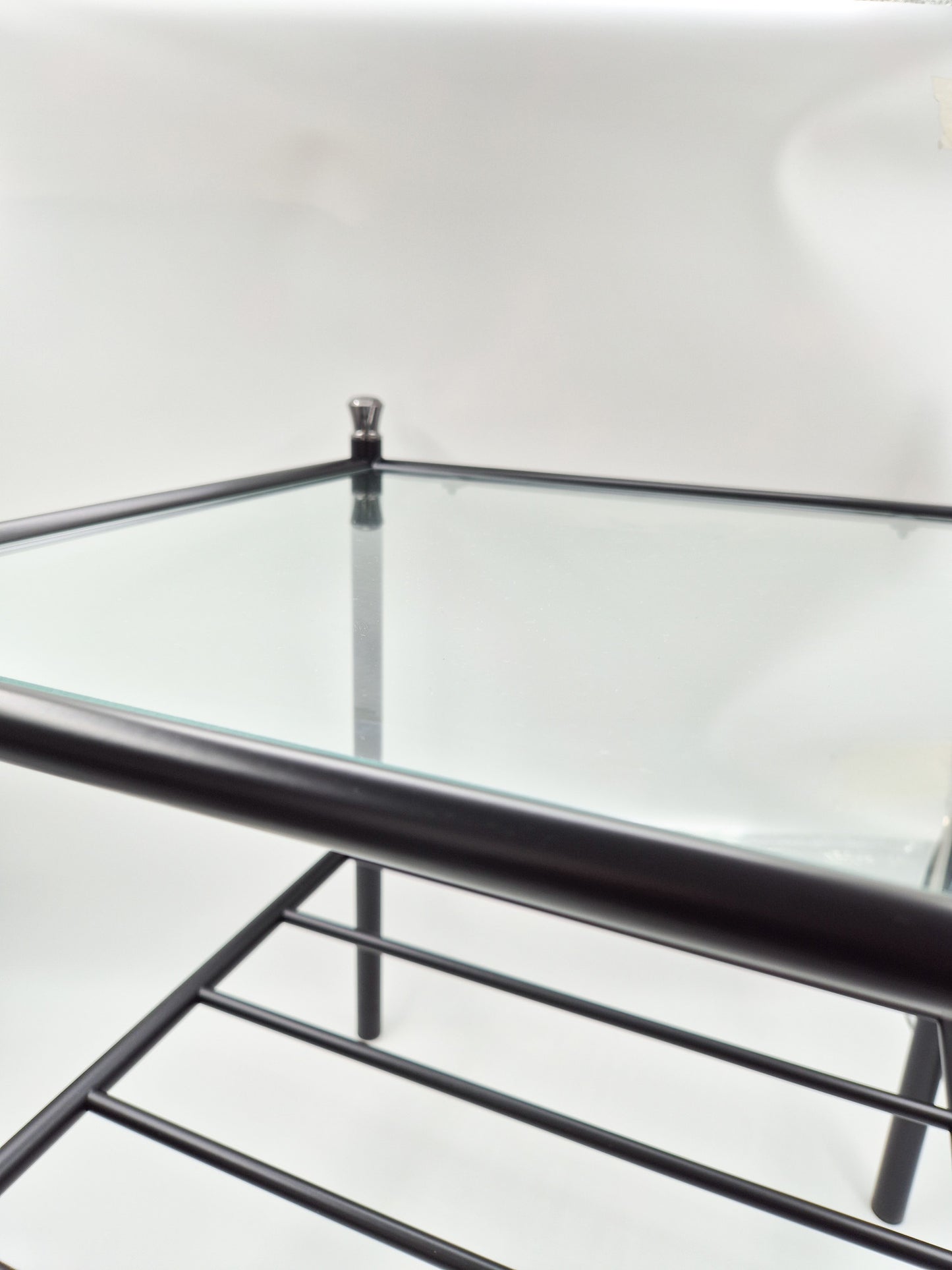 Vintage Finnish Side Tables (Pair) – Black Metal, Glass & Brass