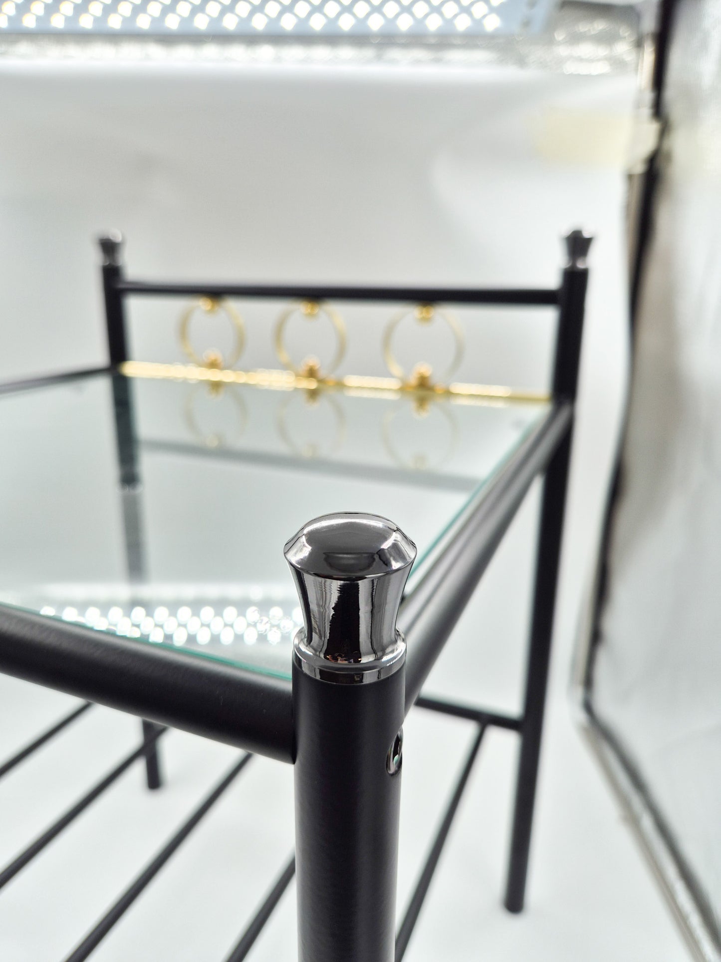 Vintage Finnish Side Tables (Pair) – Black Metal, Glass & Brass