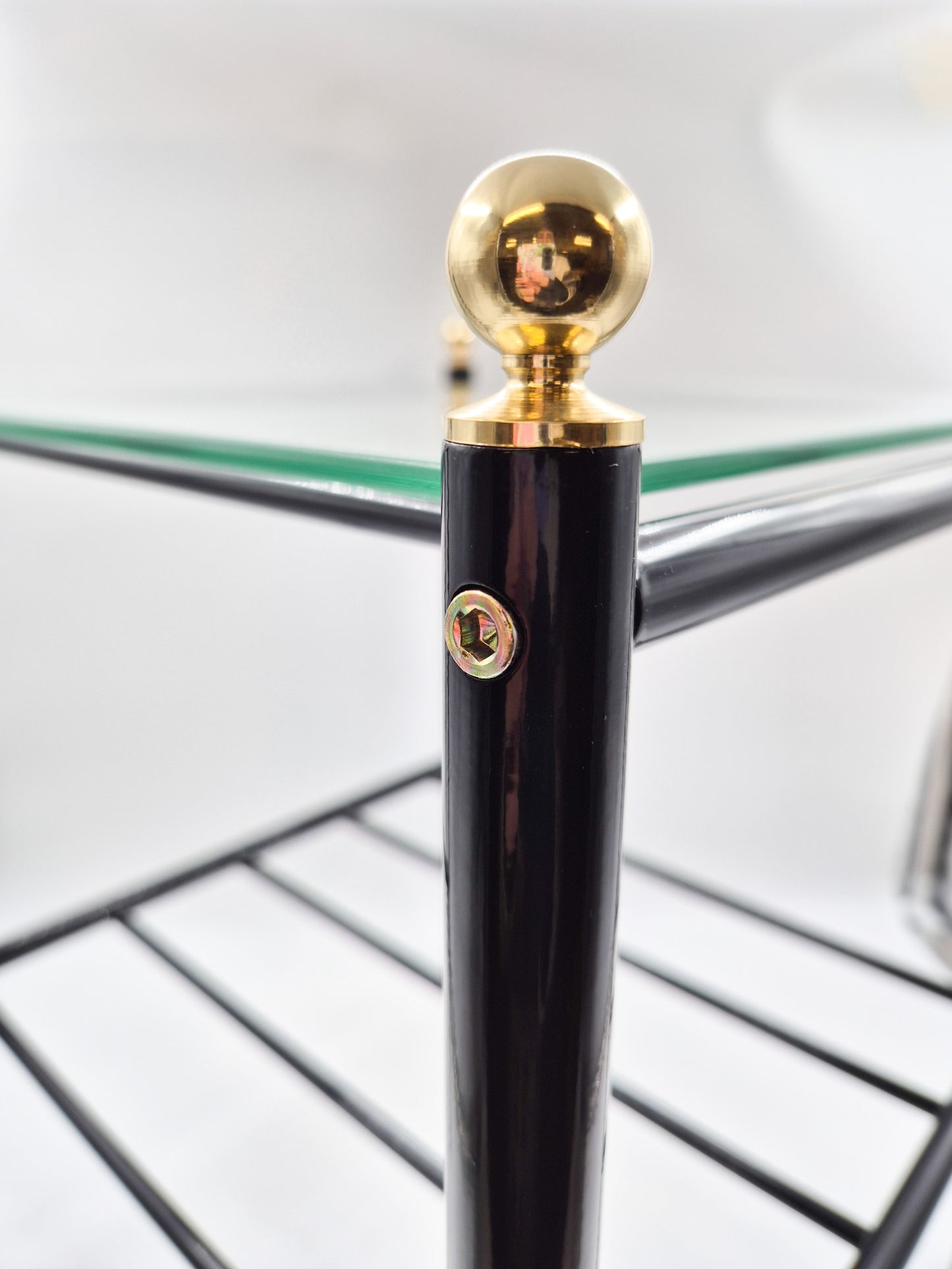 Vintage Finnish Side Tables (Pair) - Black Metal, Glass & Brass Details