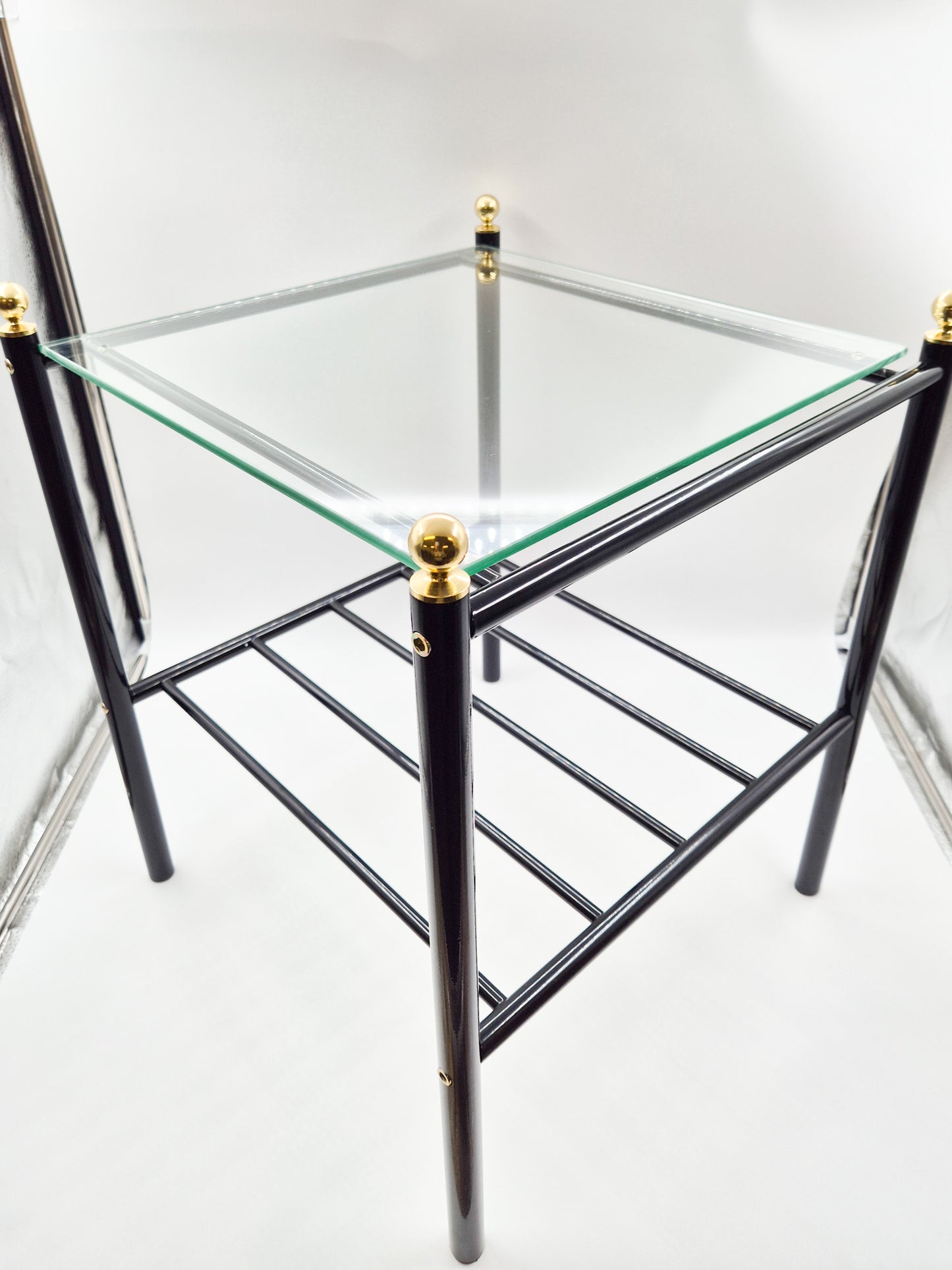 Vintage Finnish Side Tables (Pair) - Black Metal, Glass & Brass Details