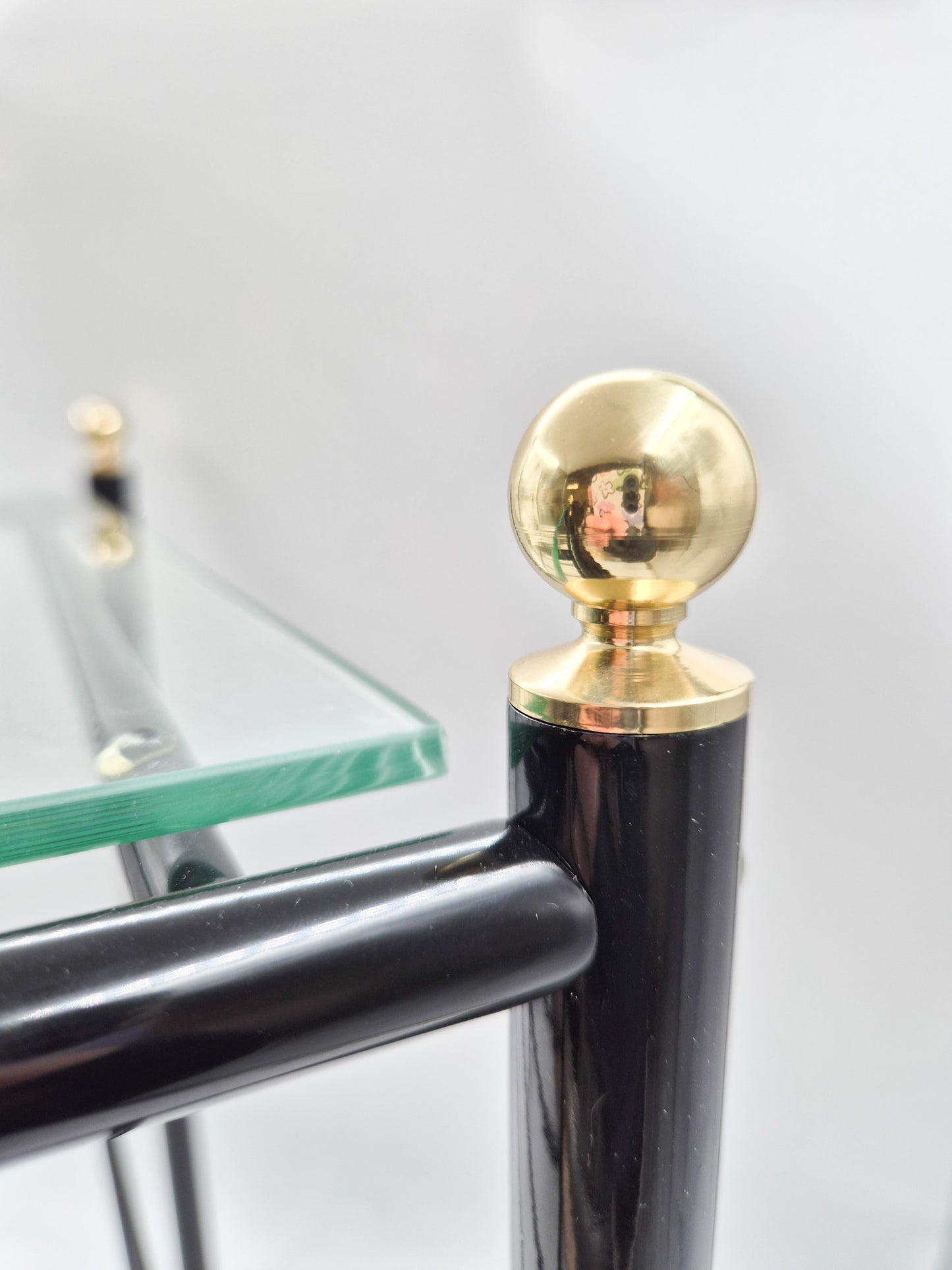 Vintage Finnish Side Tables (Pair) - Black Metal, Glass & Brass Details