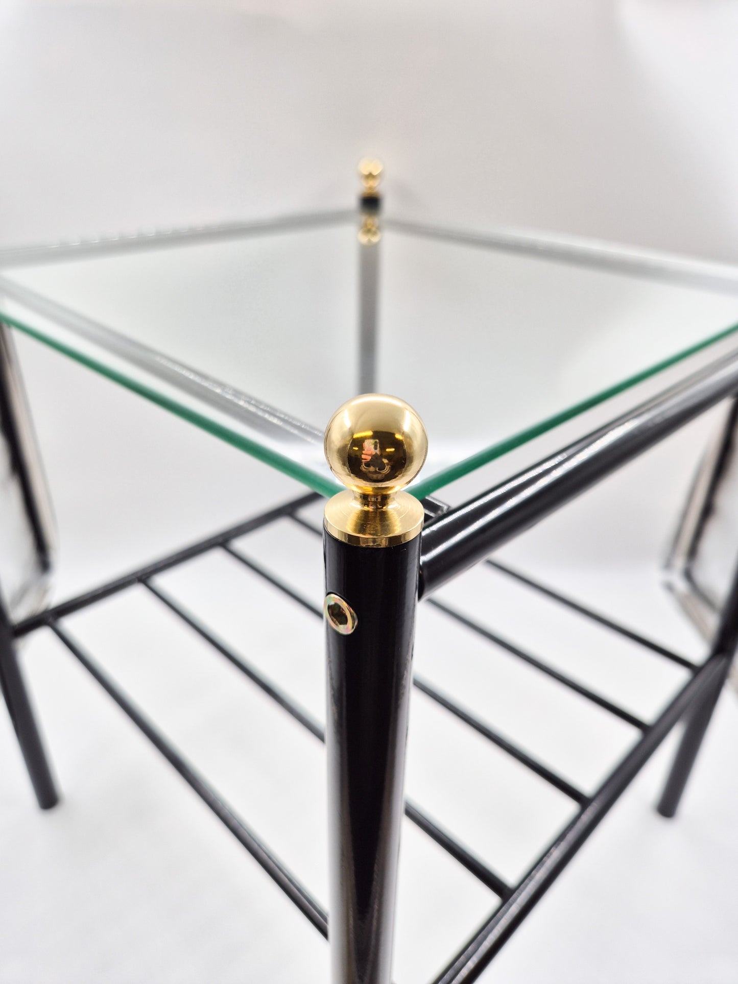 Vintage Finnish Side Tables (Pair) - Black Metal, Glass & Brass Details