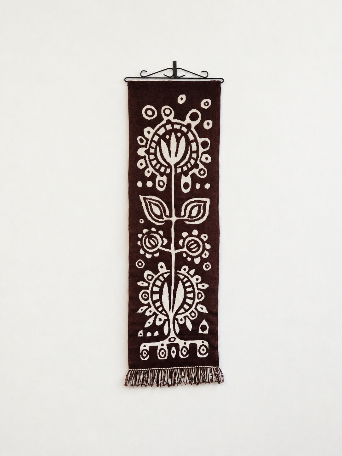 Finnish Täkänä Wall Hanging, Brown Cream Folk Art Textile, Nordic Botanical Wall Decor, 43 × 132 cm