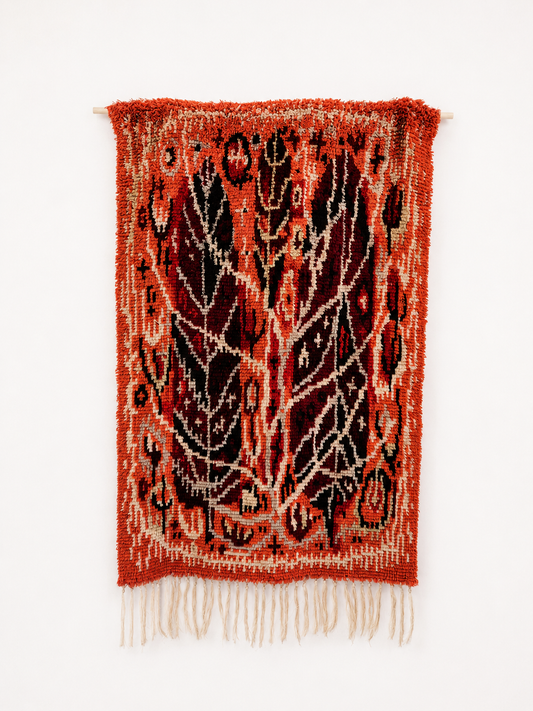 Vintage Finnish Wall Rya Rug 114 x 180 cm – Orange & Burgundy