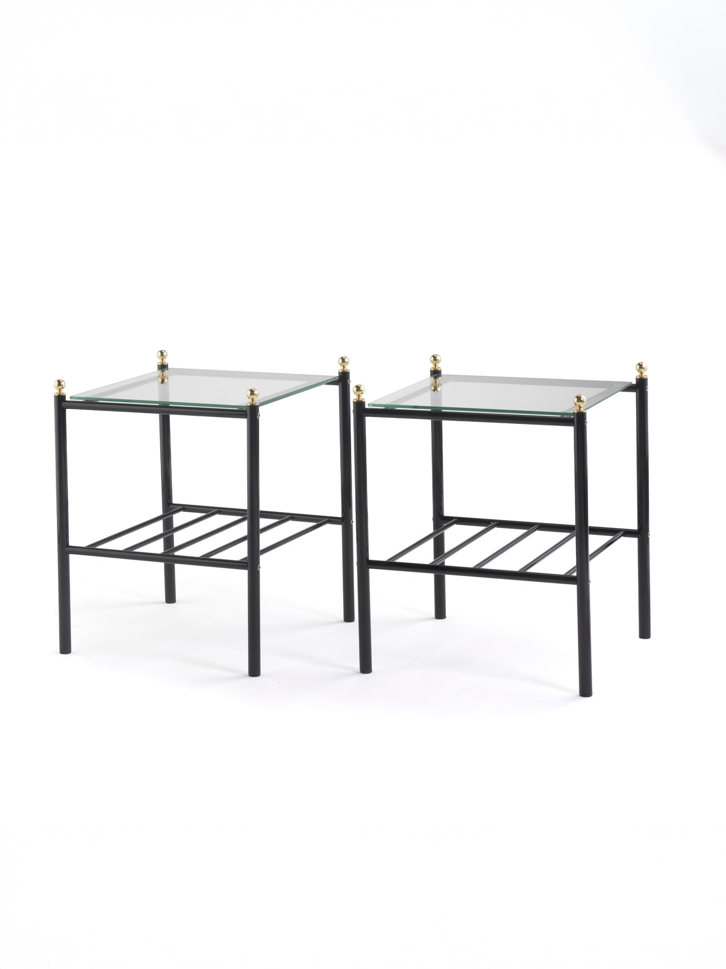 Vintage Finnish Side Tables (Pair) - Black Metal, Glass & Brass Details