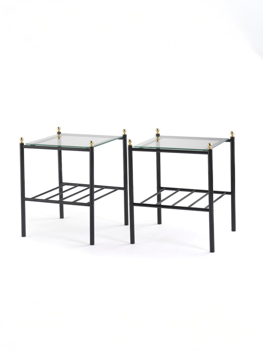 Vintage Finnish Side Tables (Pair) - Black Metal, Glass & Brass Details