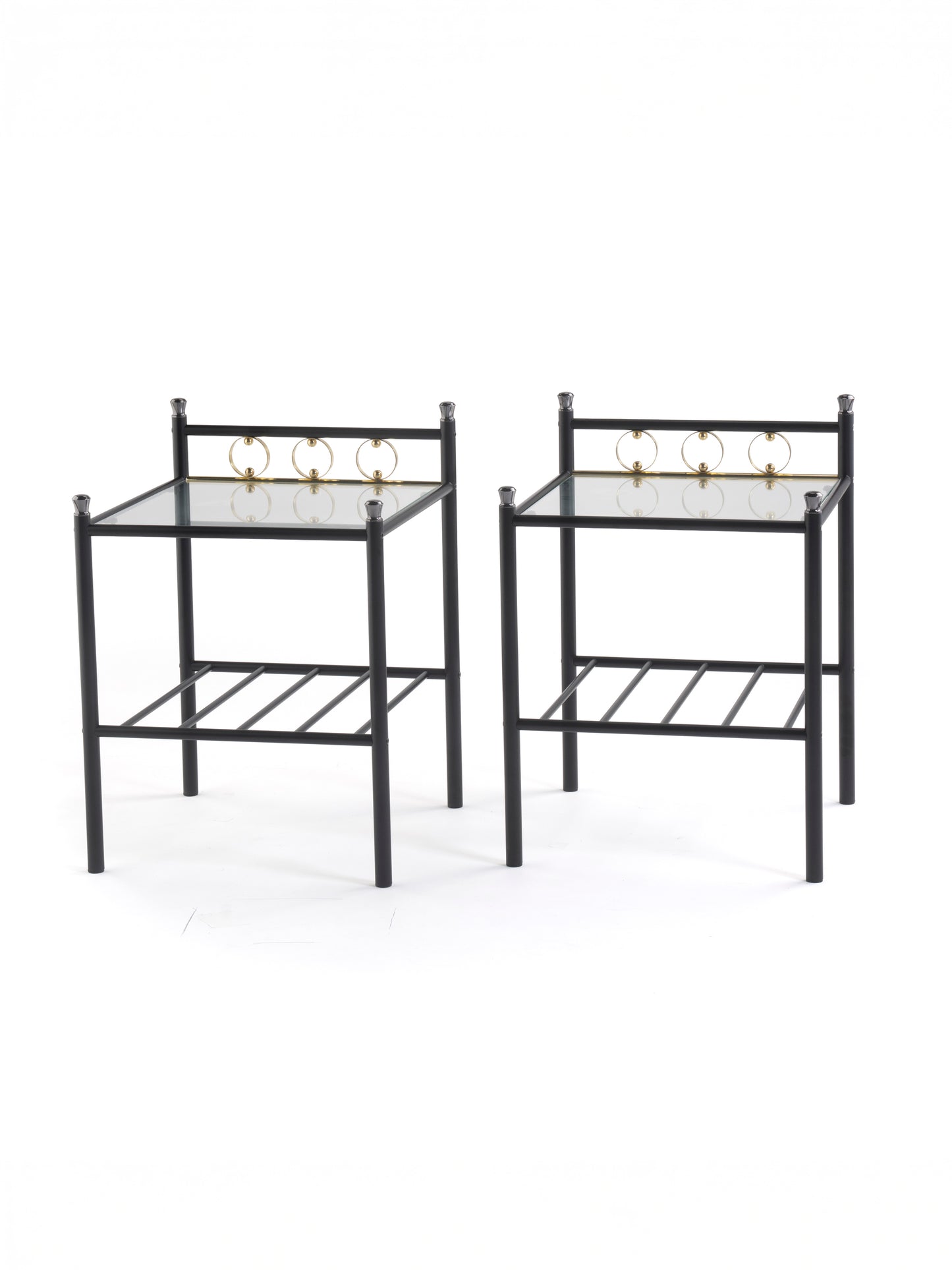 Vintage Finnish Side Tables (Pair) – Black Metal, Glass & Brass