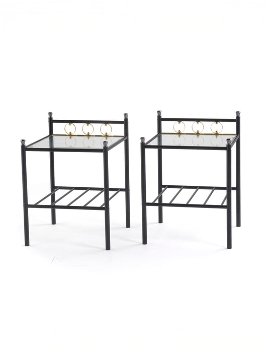 Vintage Finnish Side Tables (Pair) – Black Metal, Glass & Brass
