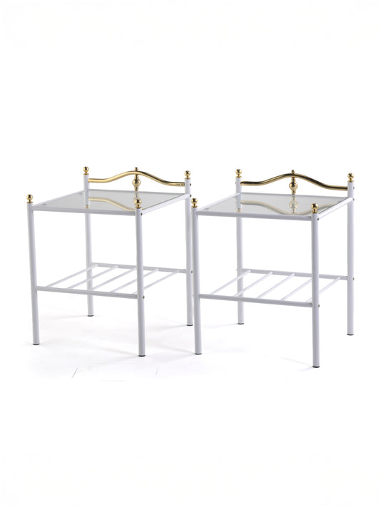 Vintage Finnish Side Tables (Pair) – White Metal, Glass & Brass Details