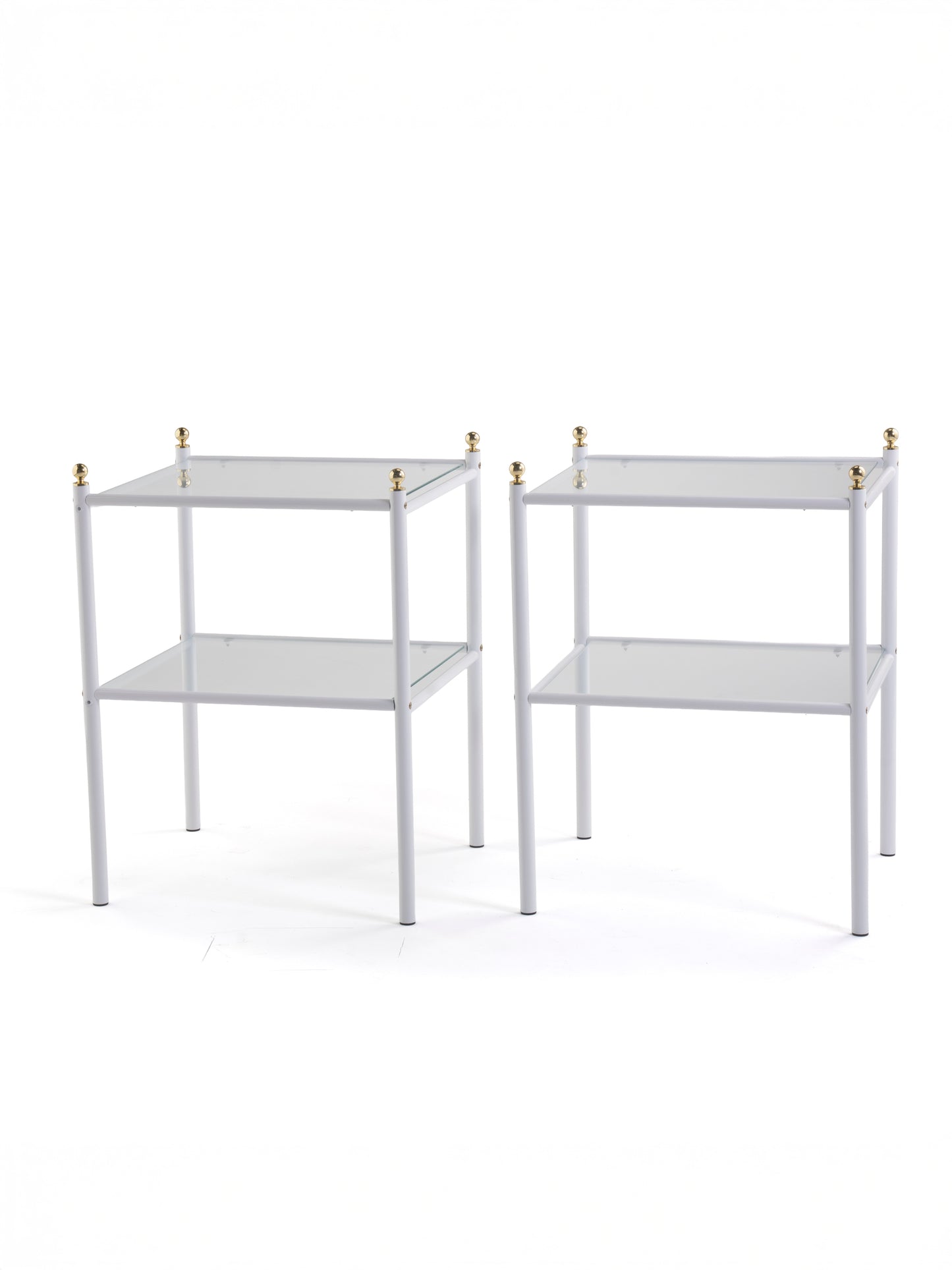 Pair of Finnish Vintage Side Tables with Glass Shelves | 1970s White Metal & Brass Details
