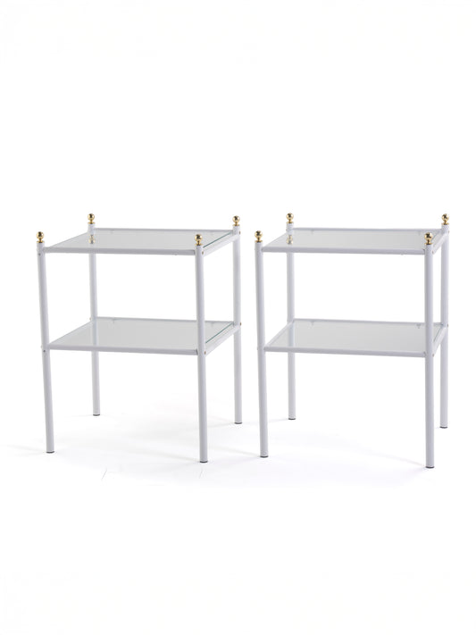 Pair of Finnish Vintage Side Tables with Glass Shelves | 1970s White Metal & Brass Details