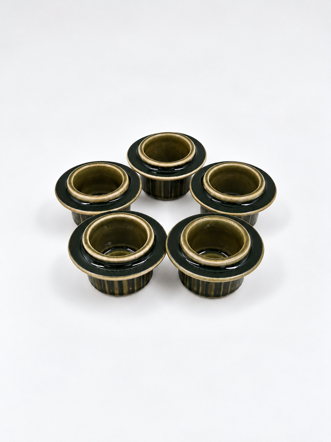 Set of 5, Arabia Kosmos Green Egg Cups, Gunvor Olin-Grönqvist, 1964–1976