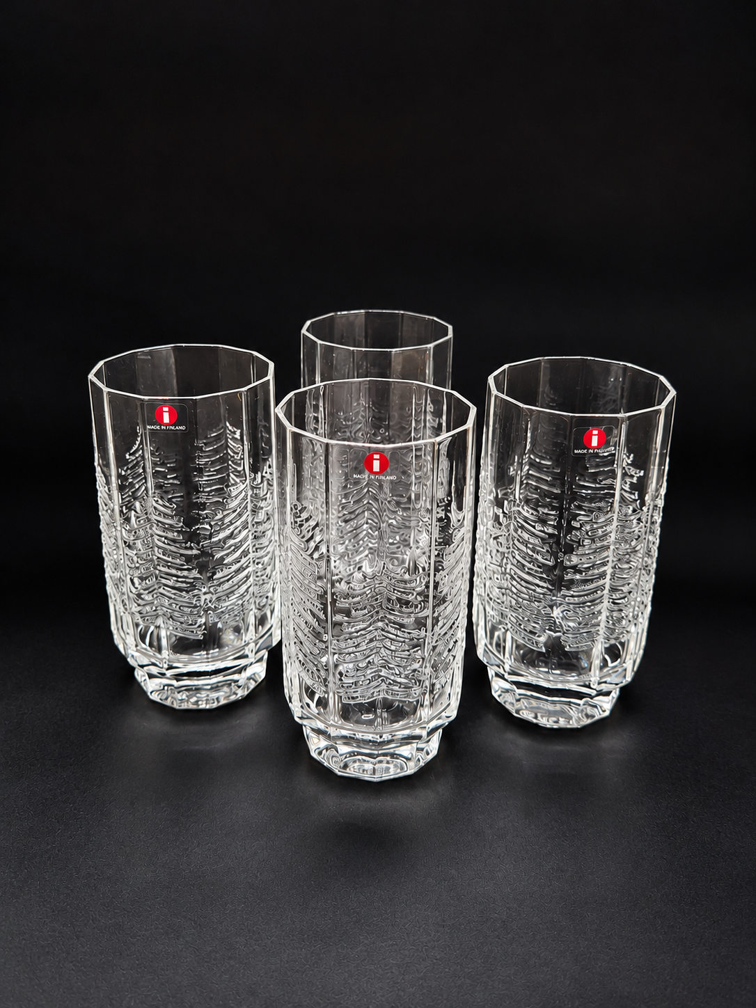 Set of 4 vintage Iittala Kuusi Drinking Glasses, Jorma Vennola Finnish Glassware, Scandinavian Tree Pattern Tumblers