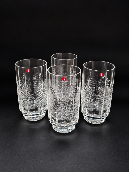 Set of 4 vintage Iittala Kuusi Drinking Glasses, Jorma Vennola Finnish Glassware, Scandinavian Tree Pattern Tumblers