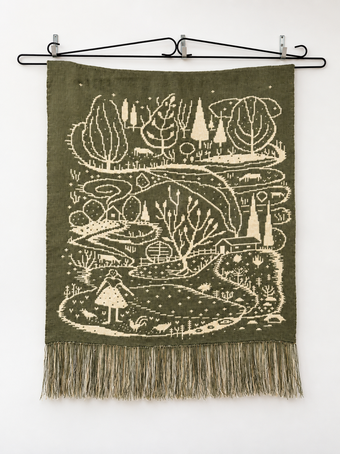 Vintage Finnish Wool Wall Hanging, Forest Landscape & Girl Motif, Green & White Woven Textile