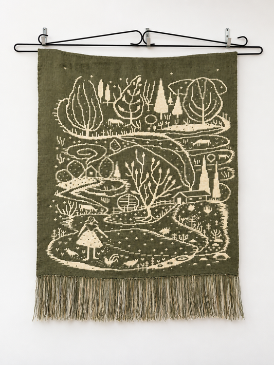 Vintage Finnish Wool Wall Hanging, Forest Landscape & Girl Motif, Green & White Woven Textile