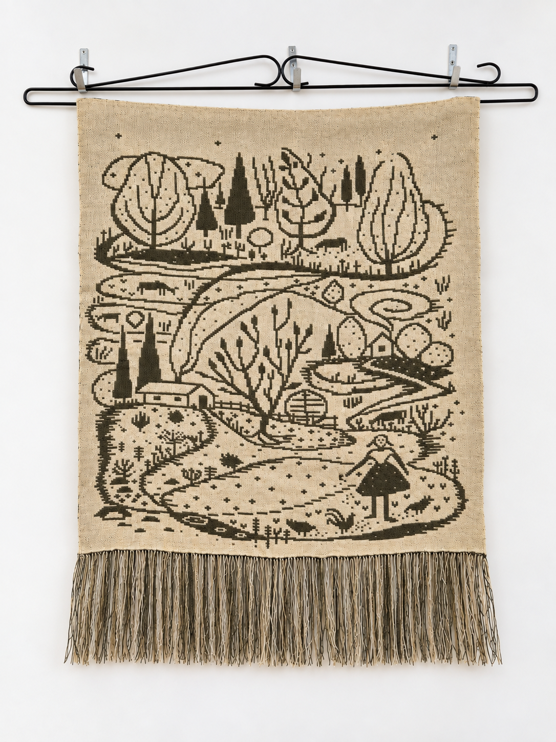 Vintage Finnish Wool Wall Hanging, Forest Landscape & Girl Motif, Green & White Woven Textile