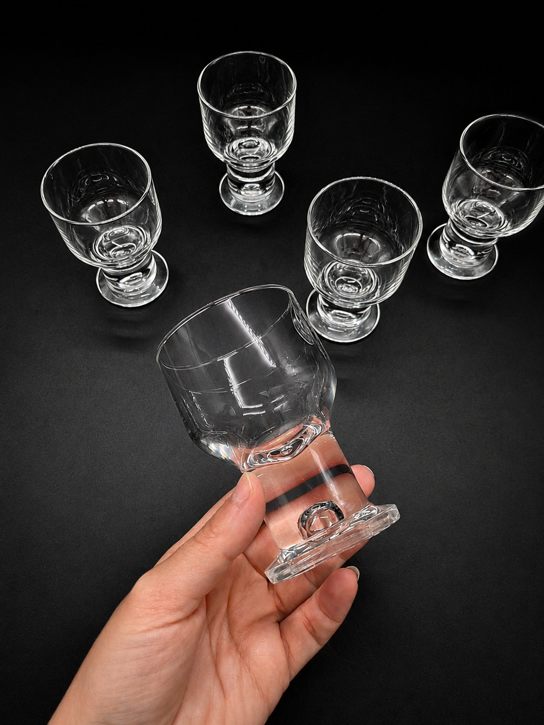 Set of 5 authentic vintage Iittala Helmi wine glasses, designed by Finnish designer Heikki Orvola.