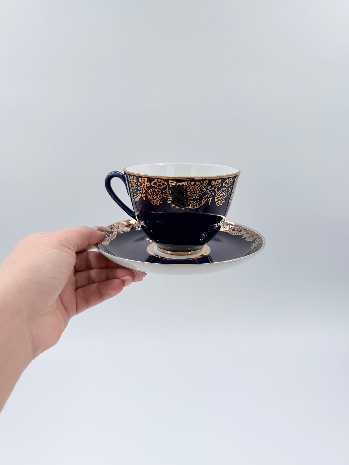 Lomonosov Cobalt Blue Cup & Saucer Floral Gold Porcelain USSR Vintage - Set of Four
