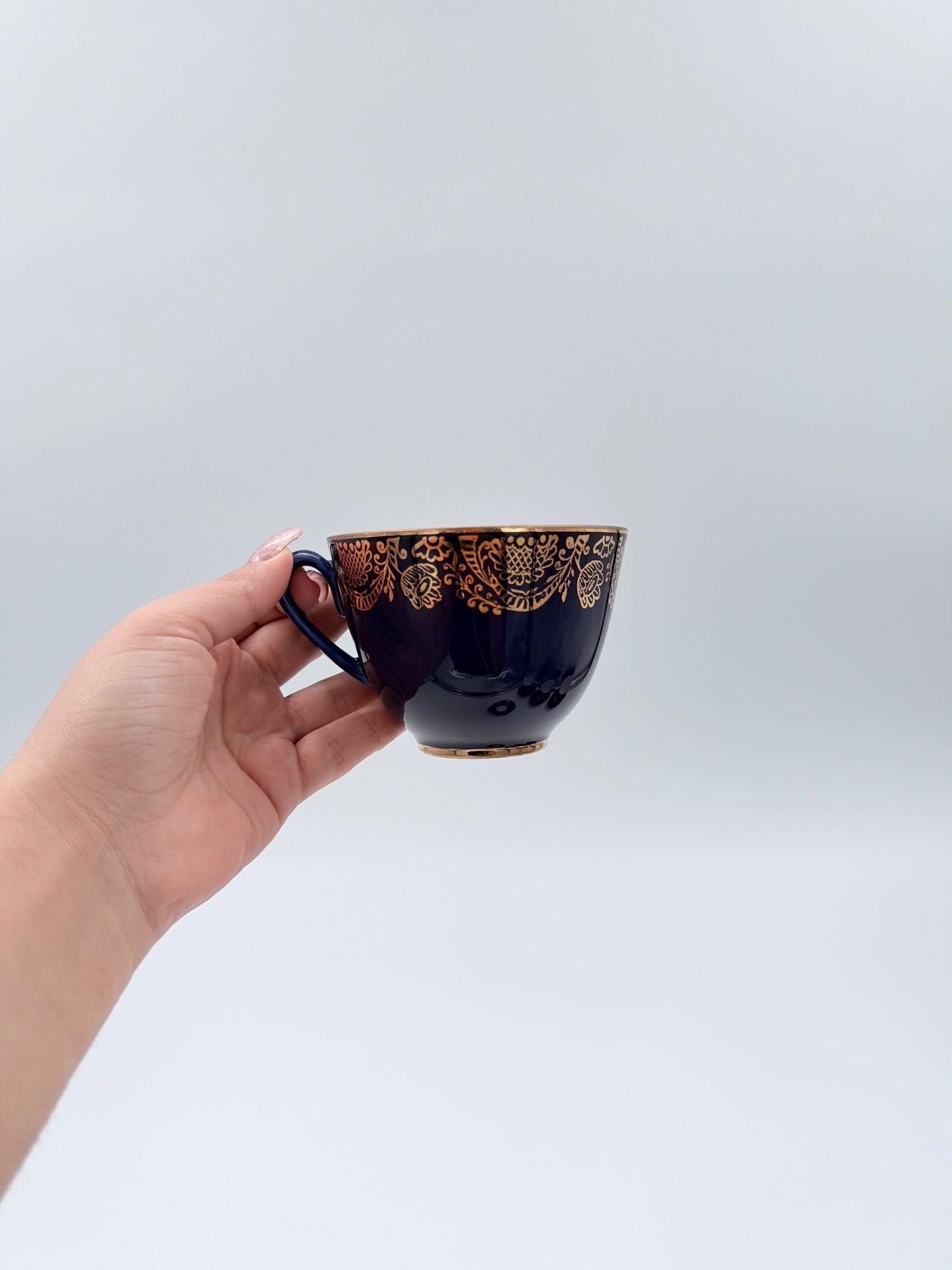 Lomonosov Cobalt Blue Cup & Saucer Floral Gold Porcelain USSR Vintage - Set of Four