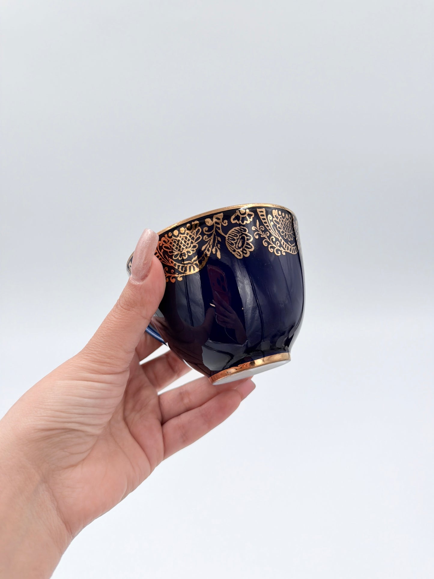 Lomonosov Cobalt Blue Cup & Saucer Floral Gold Porcelain USSR Vintage - Set of Four