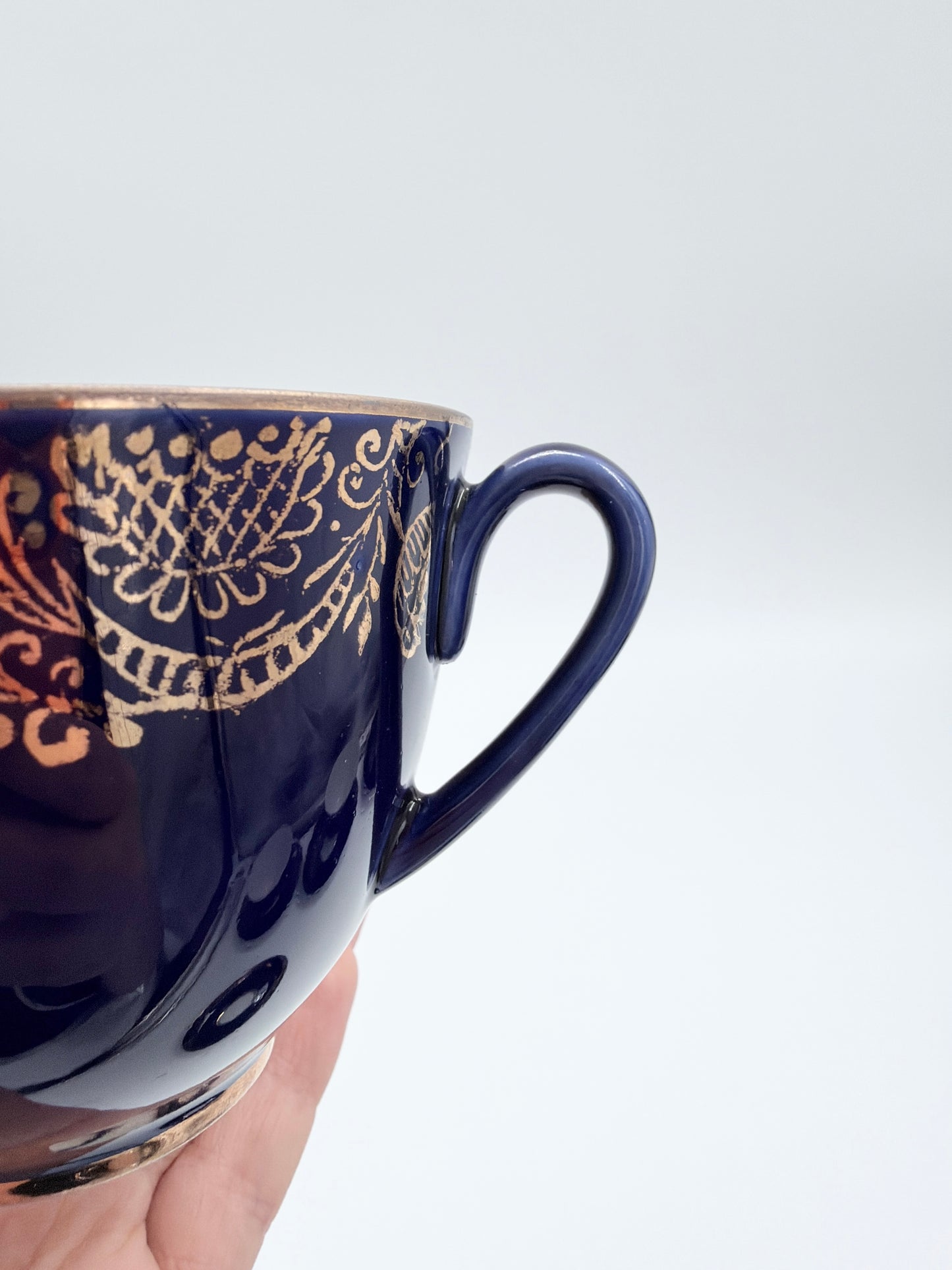 Lomonosov Cobalt Blue Cup & Saucer Floral Gold Porcelain USSR Vintage - Set of Four