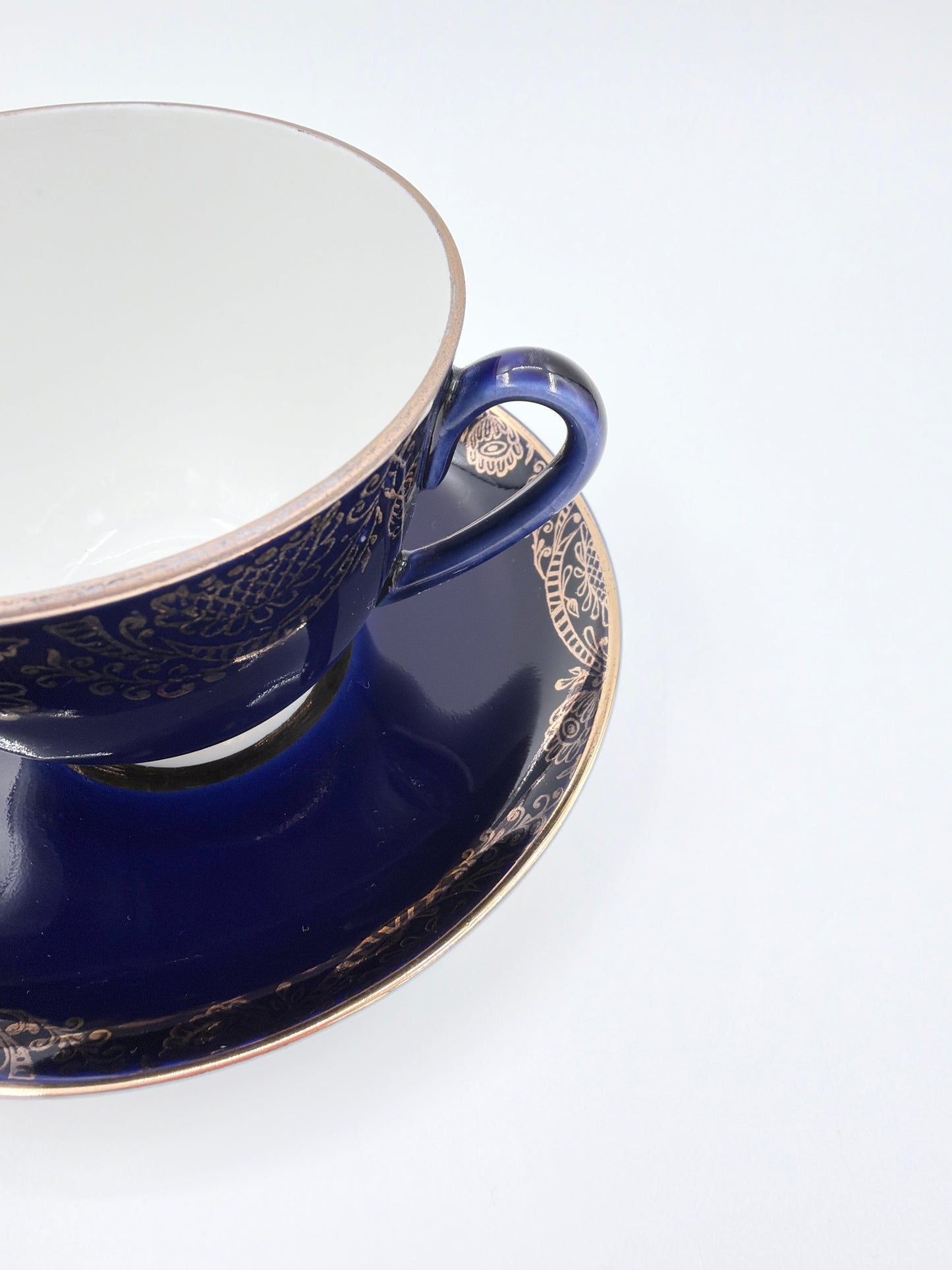 Lomonosov Cobalt Blue Cup & Saucer Floral Gold Porcelain USSR Vintage - Set of Four