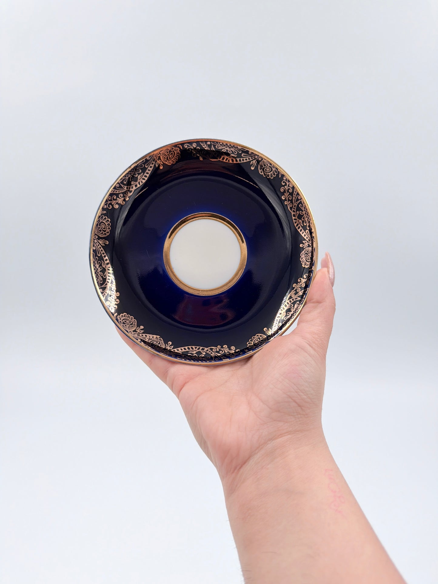 Lomonosov Cobalt Blue Cup & Saucer Floral Gold Porcelain USSR Vintage - Set of Four