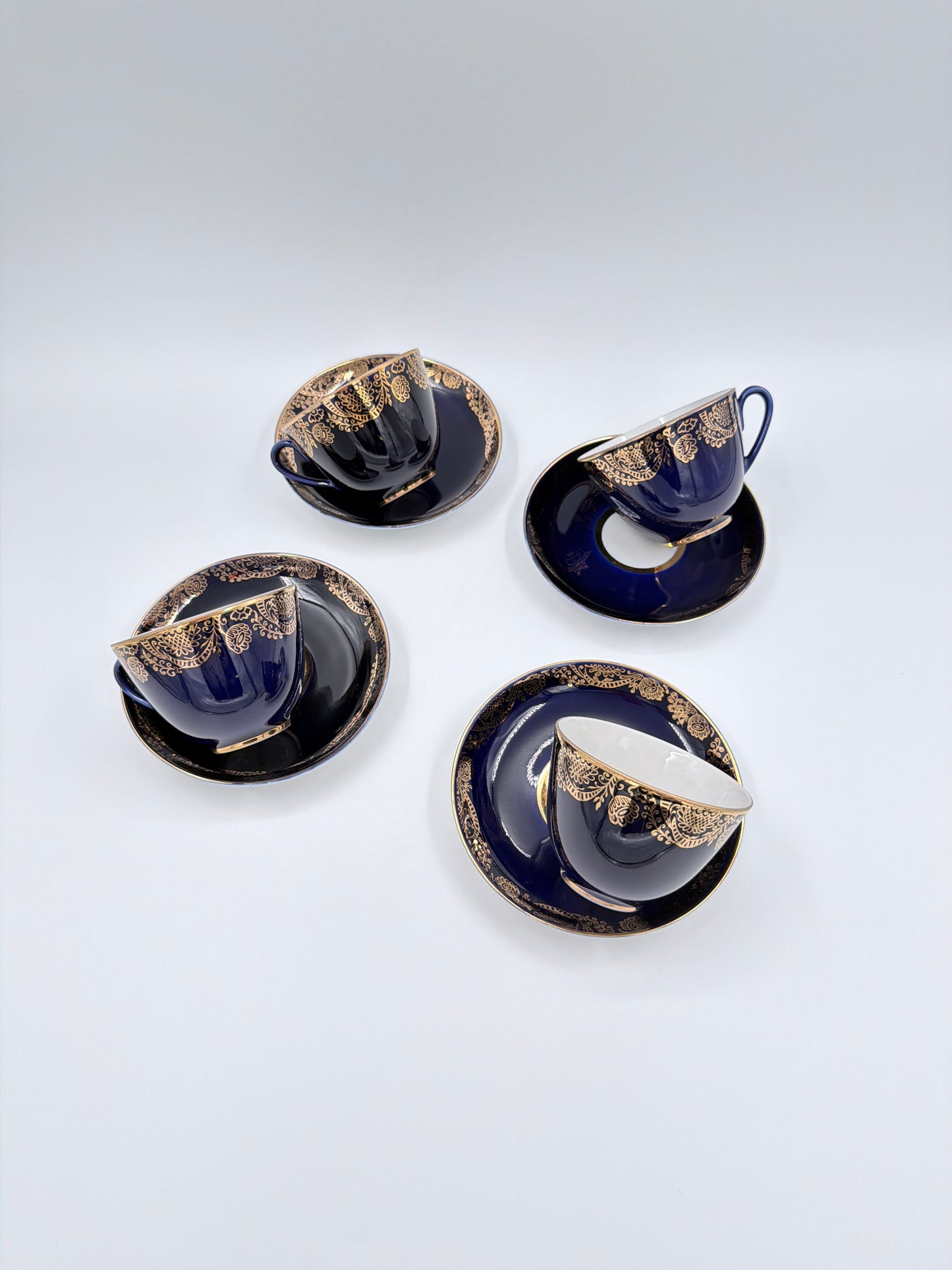 Lomonosov Cobalt Blue Cup & Saucer Floral Gold Porcelain USSR Vintage - Set of Four