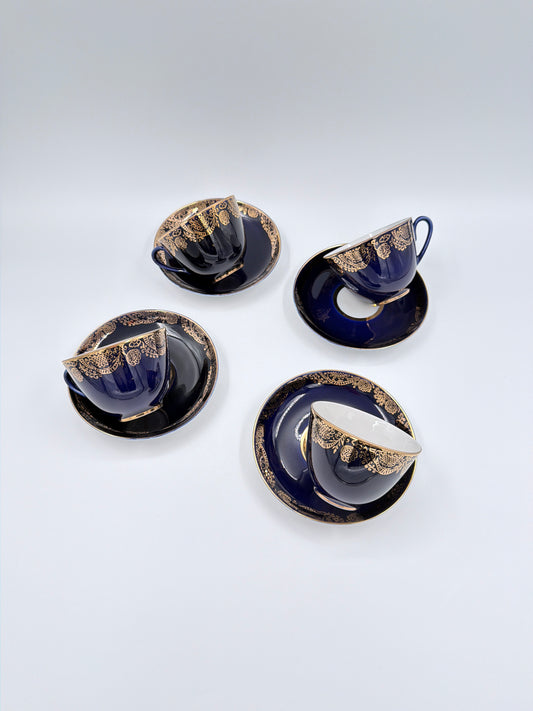 Lomonosov Cobalt Blue Cup & Saucer Floral Gold Porcelain USSR Vintage - Set of Four