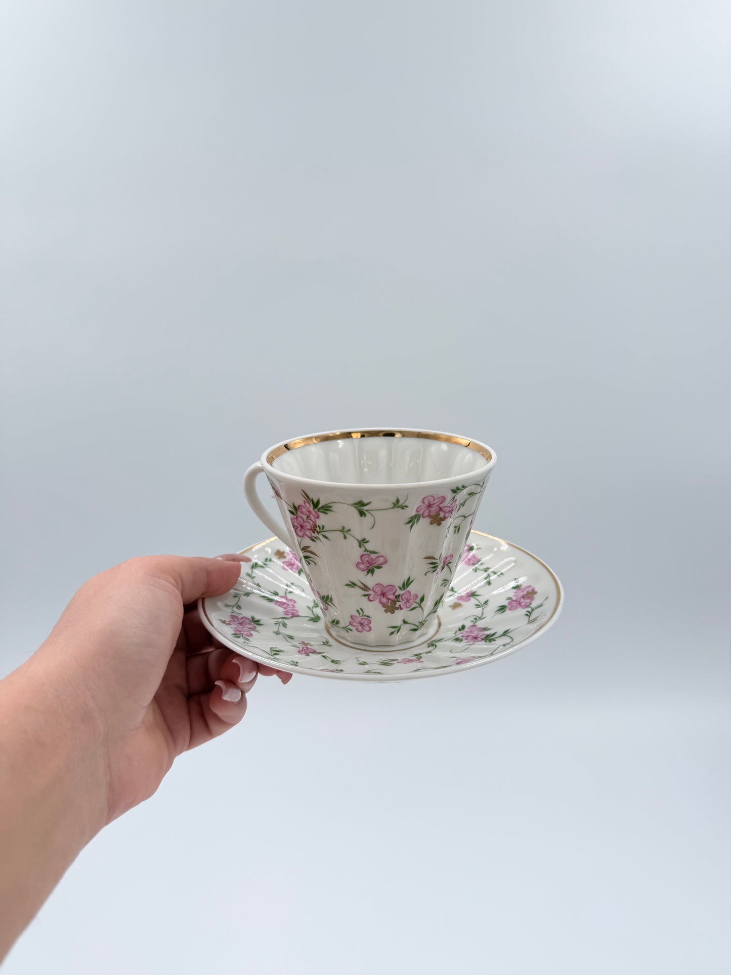 Lomonosov Porcelain Cup & Saucer Pink Floral Gold Trim