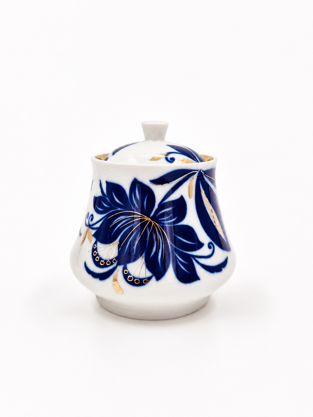 Vintage USSR Porcelain Sugar Bowl with Lid – Blue Floral Soviet Ceramic Jar with Gold Details – Russian Collectible Kitchen Decor