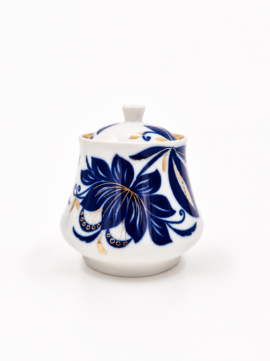 Vintage USSR Porcelain Sugar Bowl with Lid – Blue Floral Soviet Ceramic Jar with Gold Details – Russian Collectible Kitchen Decor