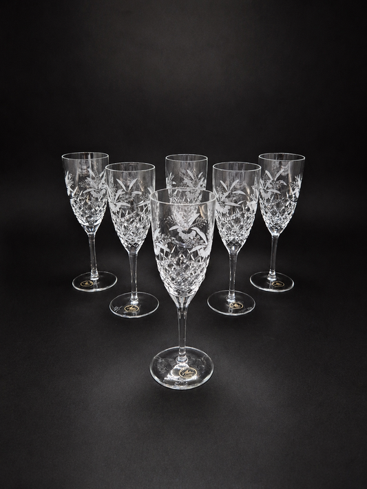Set of 6 Ajka Crystal Champagne Glasses | Vintage Hungarian Cut Crystal Glassware
