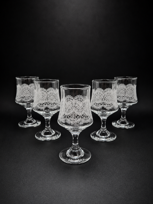 Set of 6 Vintage Lace Pattern Liqueur Glasses | Etched Cocktail Glasses | Retro Finnish Barware