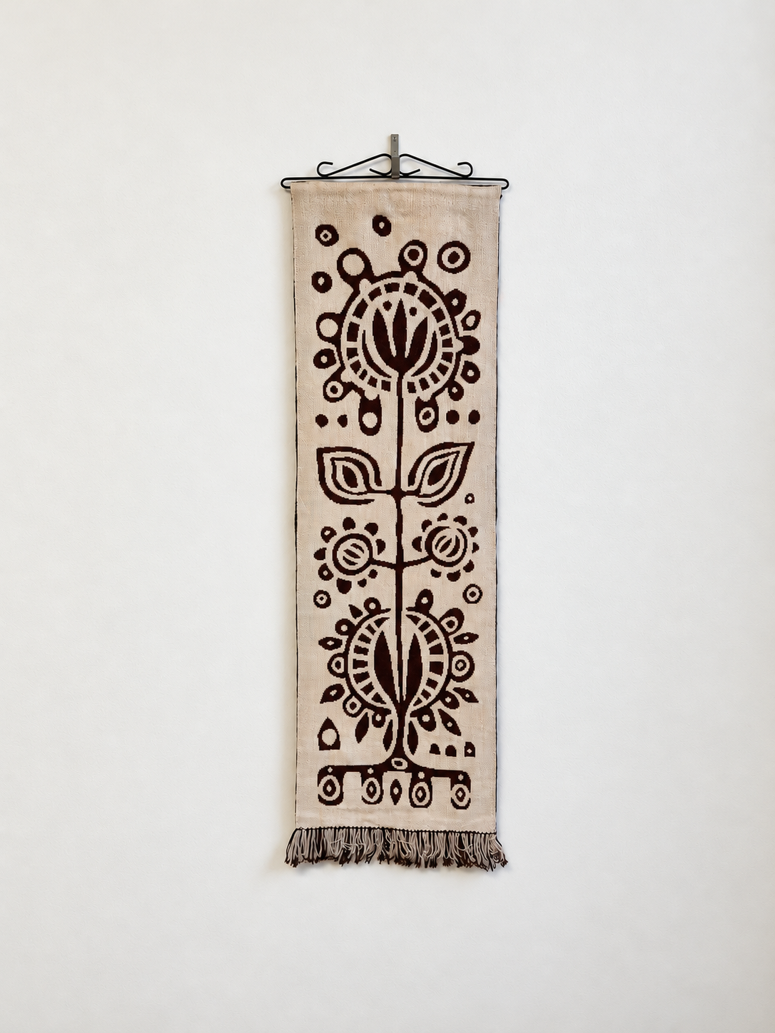 Finnish Täkänä Wall Hanging, Brown Cream Folk Art Textile, Nordic Botanical Wall Decor, 43 × 132 cm