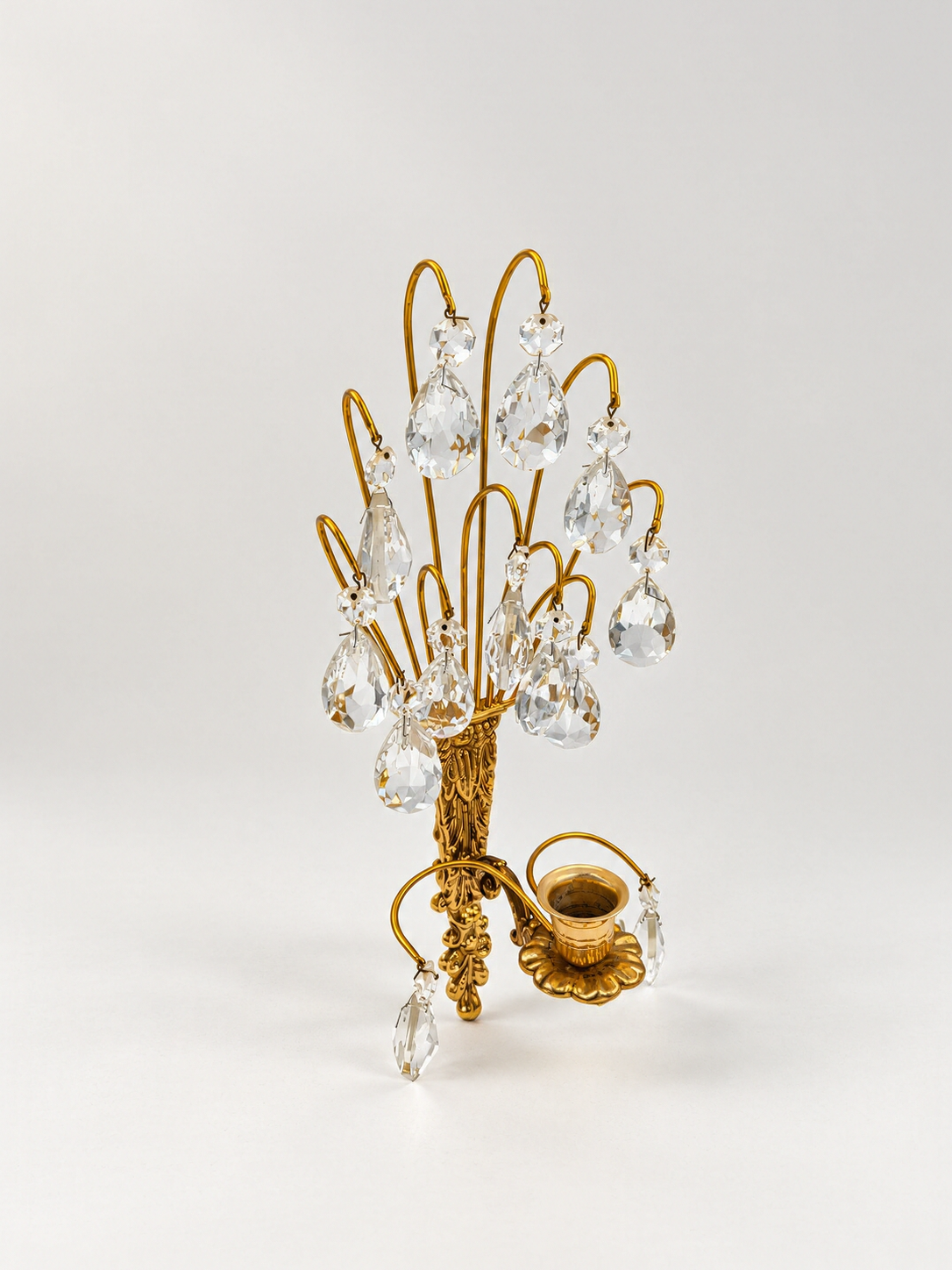 Vintage Turun Kristalli Wall Sconce with Crystal Prisms, Gilt Brass Candle Holder