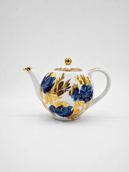 Vintage Lomonosov LFZ Porcelain Teapot Blue Gold Floral Made in Russia Russian Porcelain Tea Pot