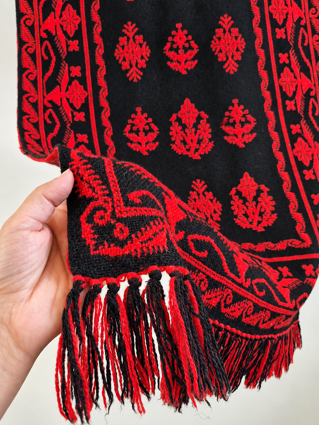 1970s Finnish Täkänä Wool Wall Hanging – Red & Black Double Weave, Midcentury Textile Art