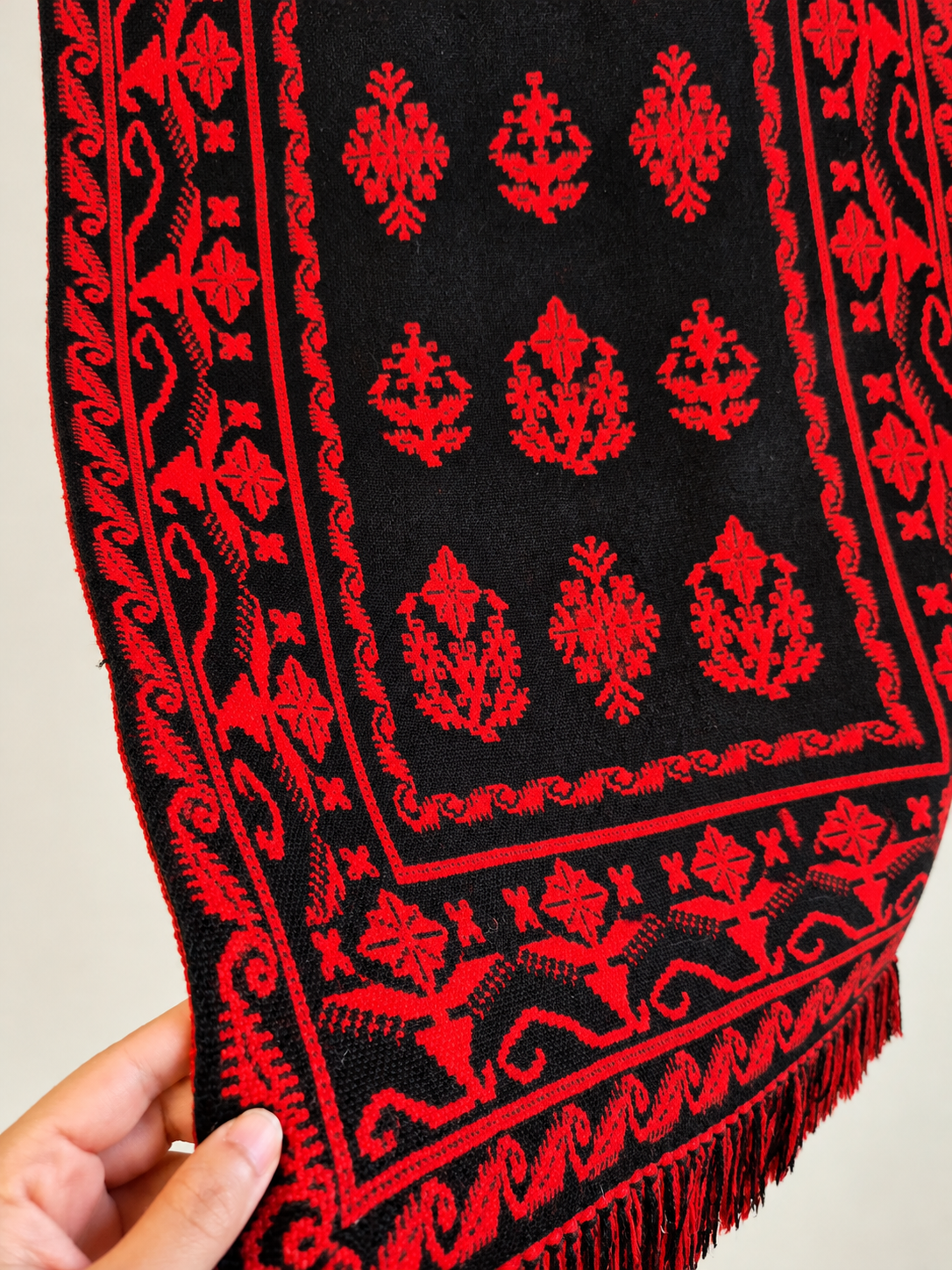 1970s Finnish Täkänä Wool Wall Hanging – Red & Black Double Weave, Midcentury Textile Art