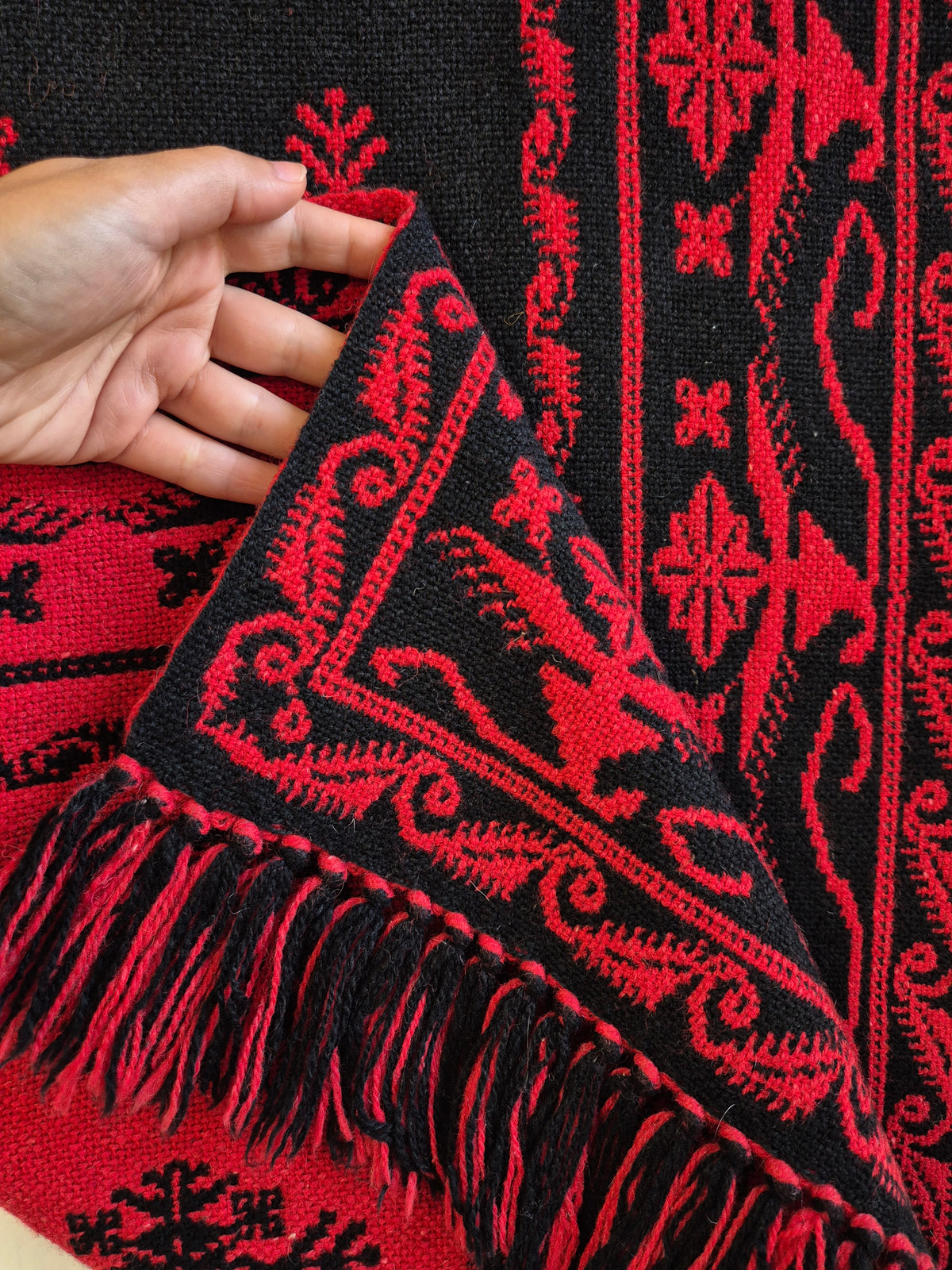 1970s Finnish Täkänä Wool Wall Hanging – Red & Black Double Weave, Midcentury Textile Art