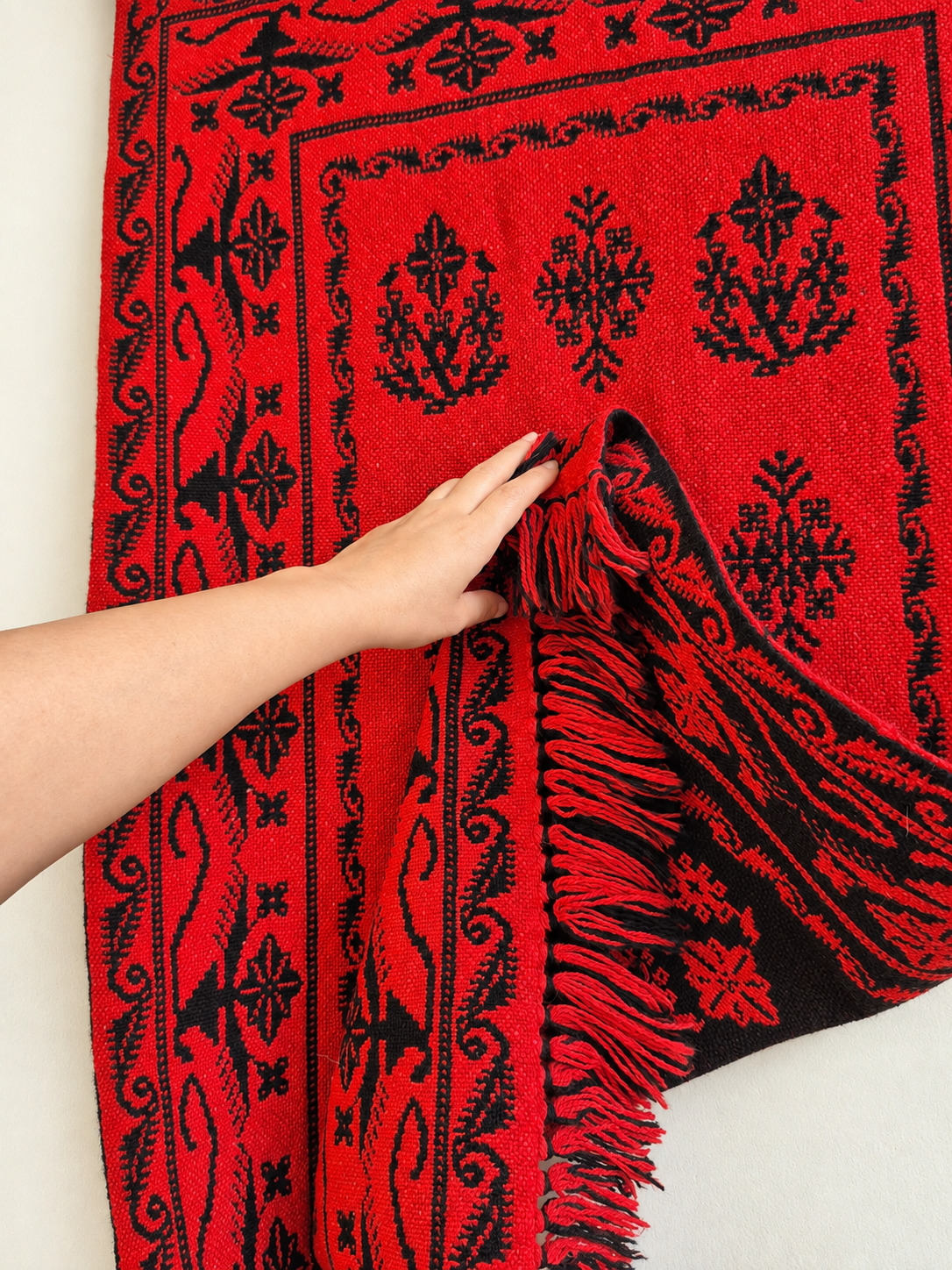 1970s Finnish Täkänä Wool Wall Hanging – Red & Black Double Weave, Midcentury Textile Art