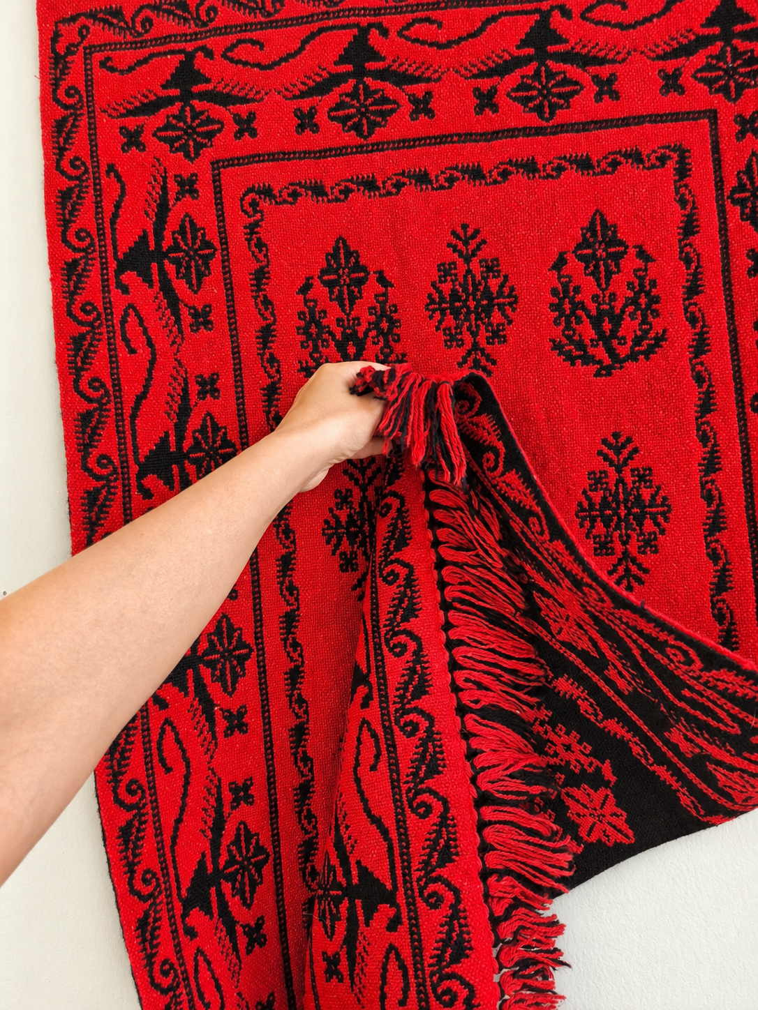 1970s Finnish Täkänä Wool Wall Hanging – Red & Black Double Weave, Midcentury Textile Art