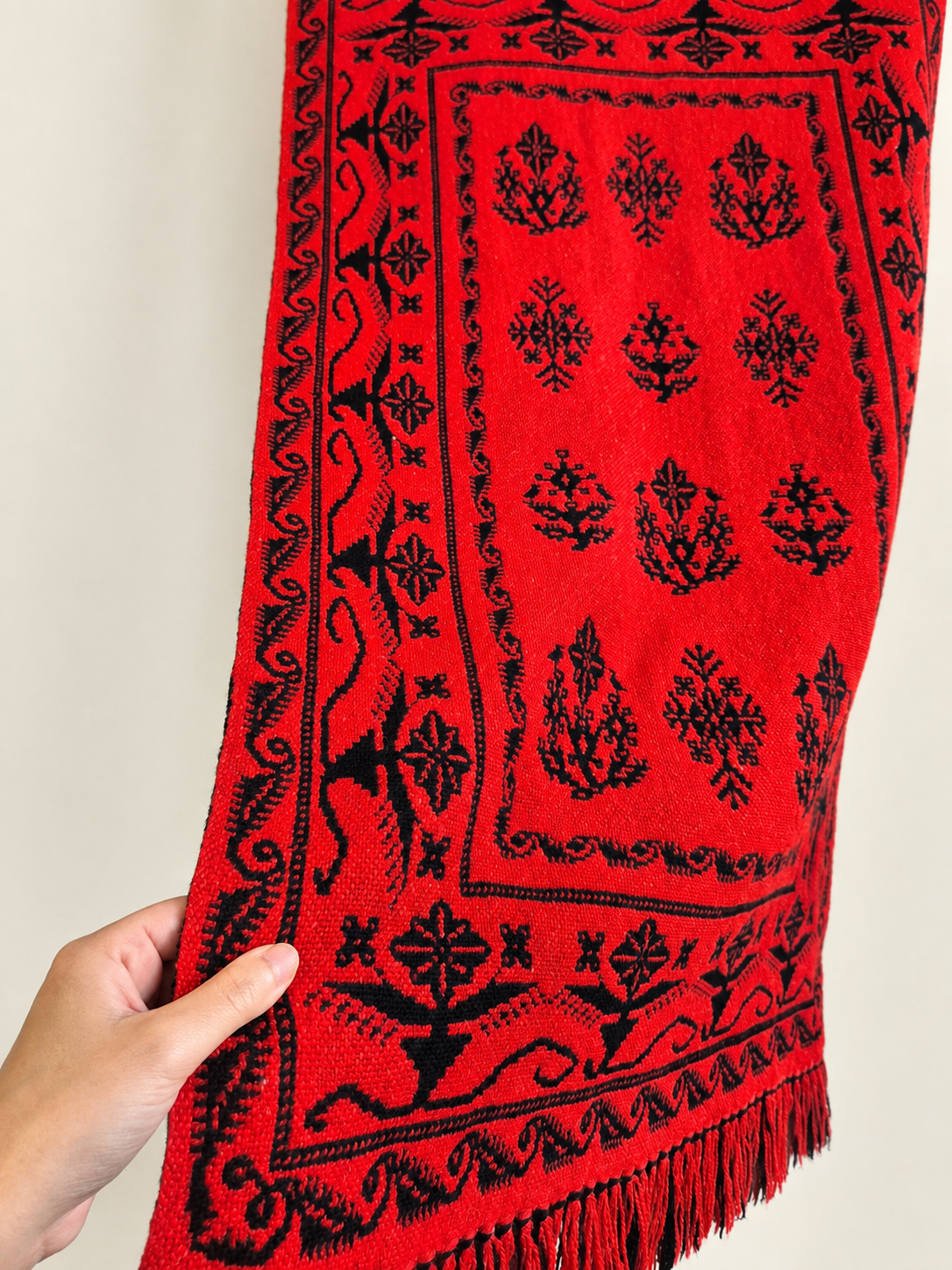 1970s Finnish Täkänä Wool Wall Hanging – Red & Black Double Weave, Midcentury Textile Art